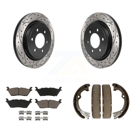 Rear Disc Drilled & Slotted Rotors Ceramic Pads Parking Brake Shoes Kit For Ford F-150 KDC-101351