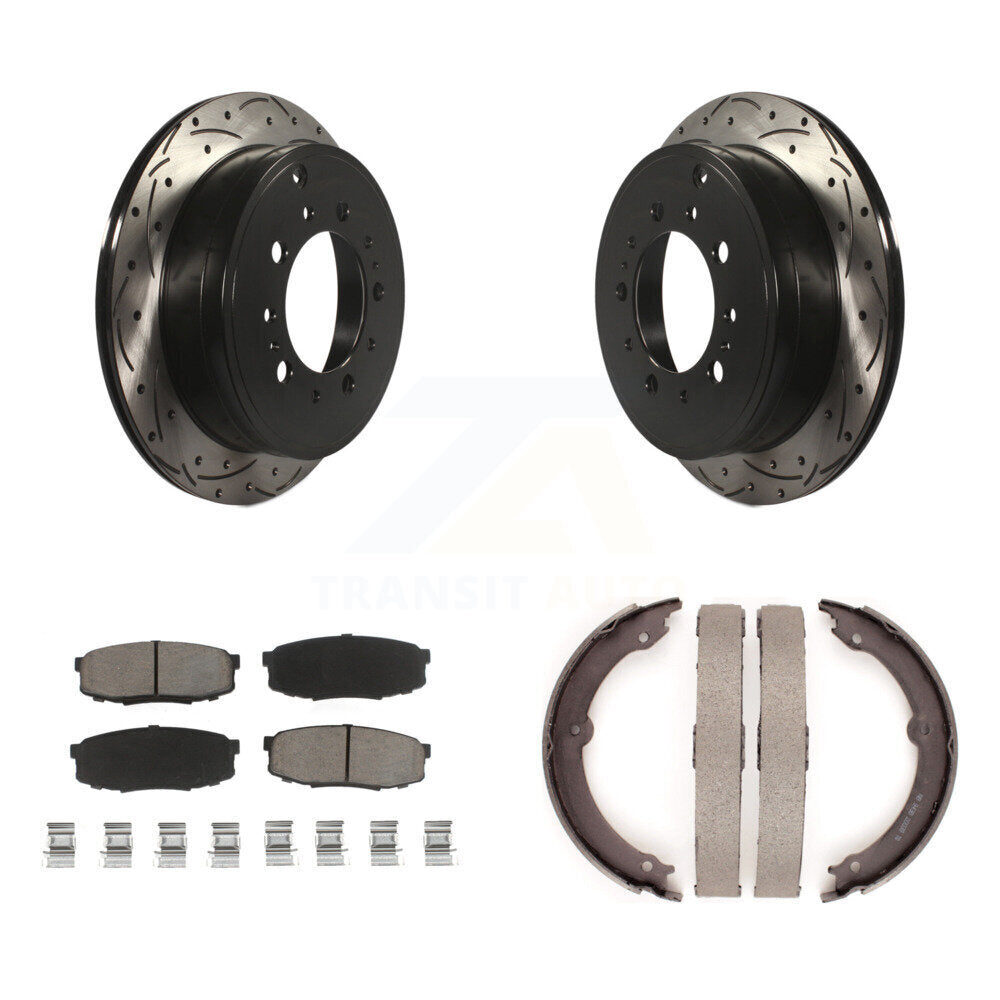 Rear Disc Drilled & Slotted Rotors Ceramic Pads Parking Shoes Kit For Toyota Tundra Lexus KDC-101352