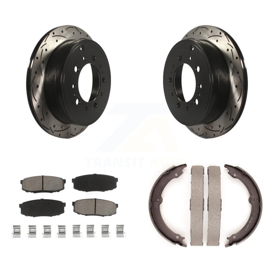 Rear Disc Drilled & Slotted Rotors Ceramic Pads Parking Shoes Kit For Toyota Tundra Lexus KDC-101352