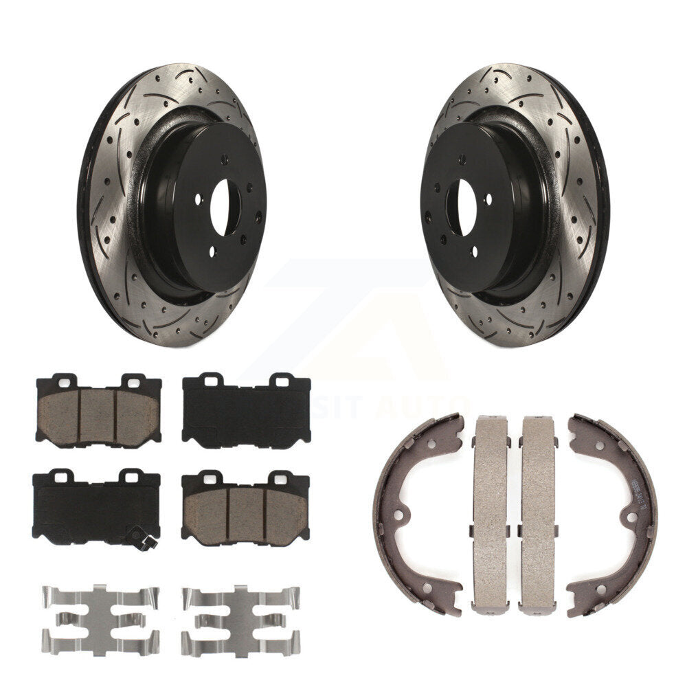 Rear Disc Drilled & Slotted Rotors Ceramic Pads Parking Shoes Kit For INFINITI Q50 M37 KDC-101354