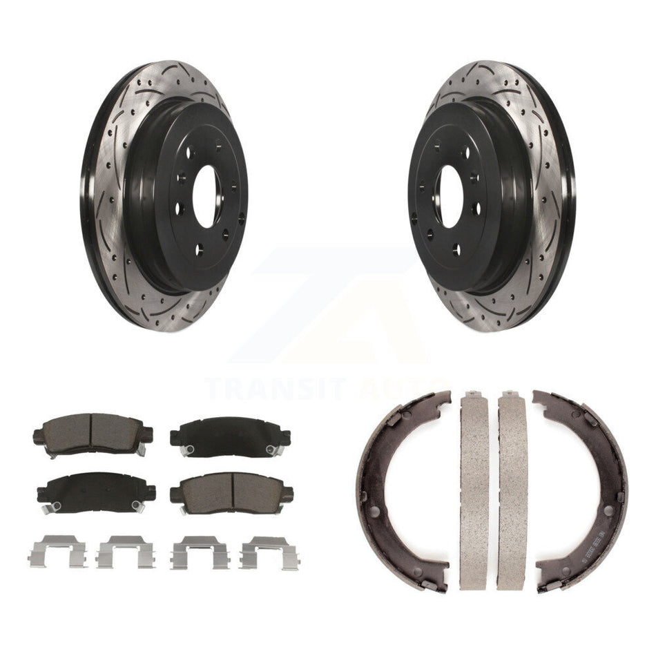 Rear Disc Drilled & Slotted Rotors Ceramic Pads Parking Shoes Kit For GMC Acadia Buick KDC-101358