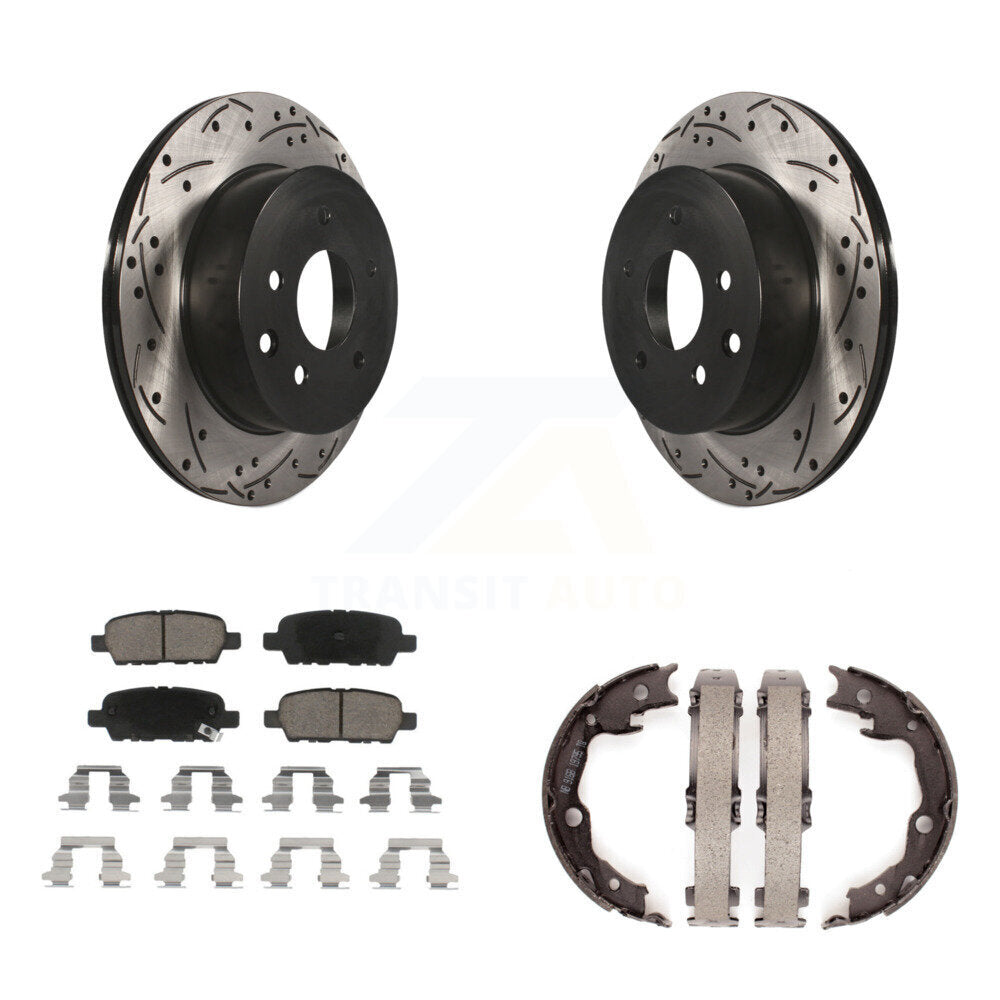 Rear Disc Drilled & Slotted Rotors Ceramic Pads Parking Shoes Kit For Nissan Rogue LEAF KDC-101361