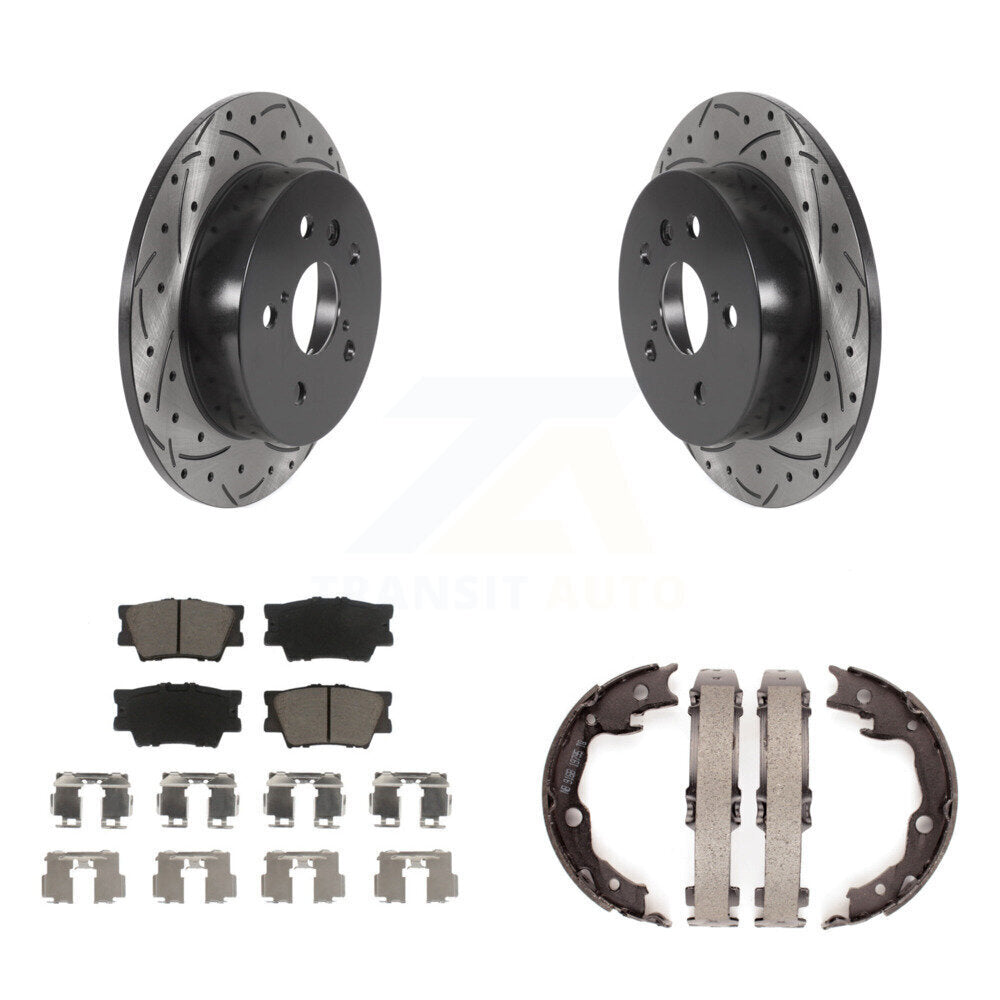 Rear Disc Drilled & Slotted Rotors Ceramic Pads Parking Brake Shoes Kit For Toyota Camry KDC-101364