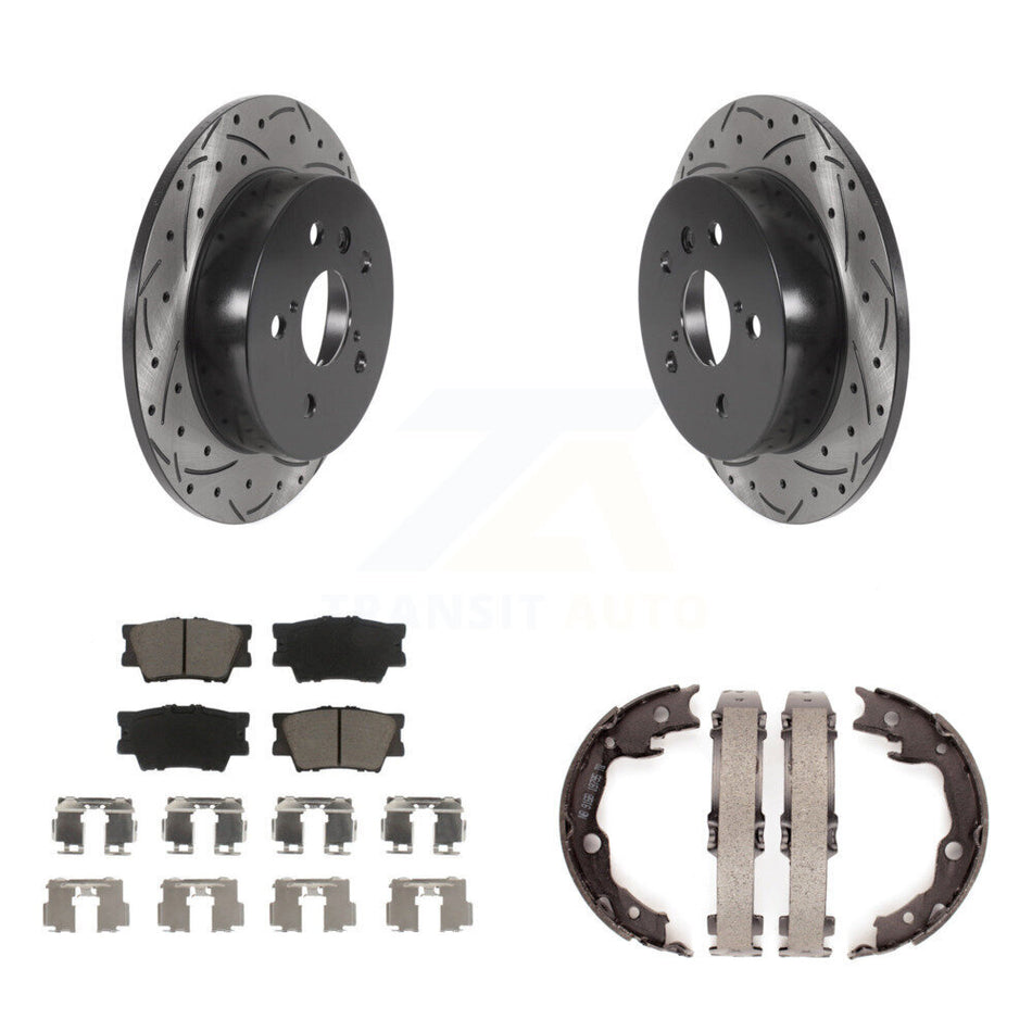Rear Disc Drilled & Slotted Rotors Ceramic Pads Parking Brake Shoes Kit For Toyota Camry KDC-101364