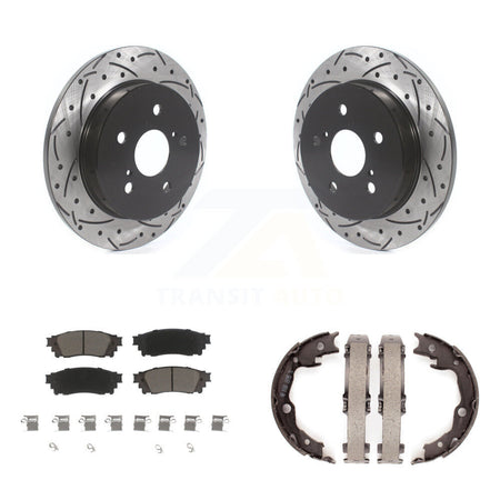 Rear Disc Drilled & Slotted Rotors Ceramic Pads Parking Shoes Kit For Toyota Camry RAV4 KDC-101365