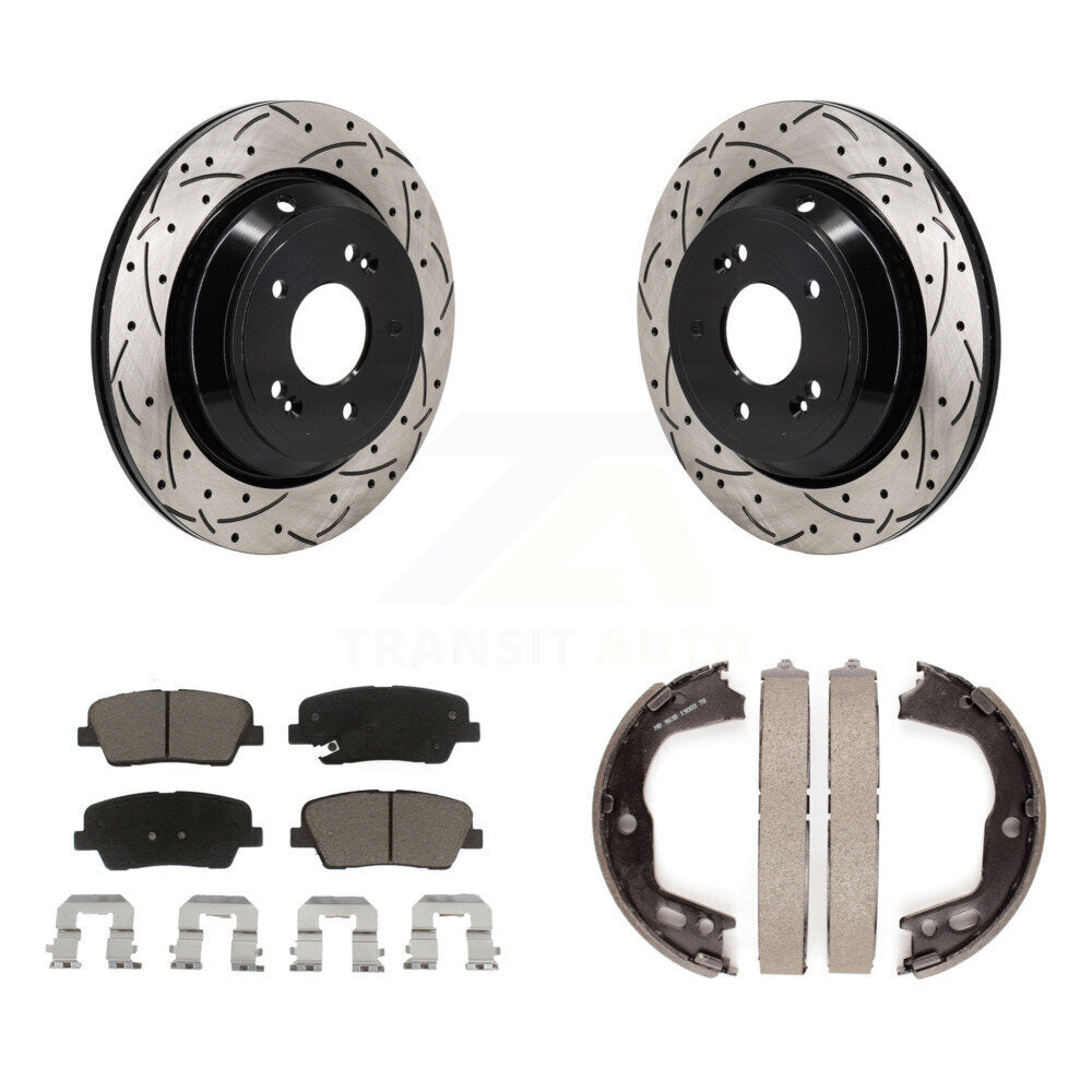Rear Disc Drilled & Slotted Rotors Ceramic Pads Parking Shoes Kit For 11-13 Hyundai Equus KDC-101366