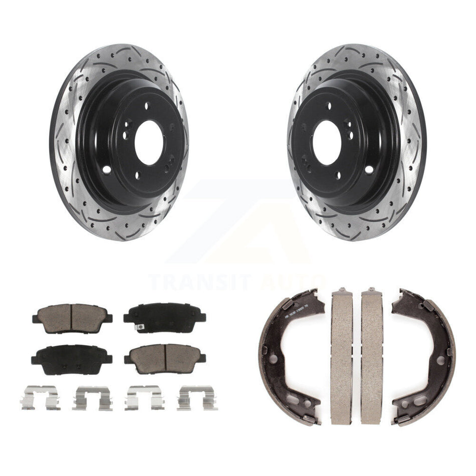 Rear Disc Drilled & Slotted Rotors Ceramic Pads And Parking Shoes Kit For Hyundai Genesis KDC-101367