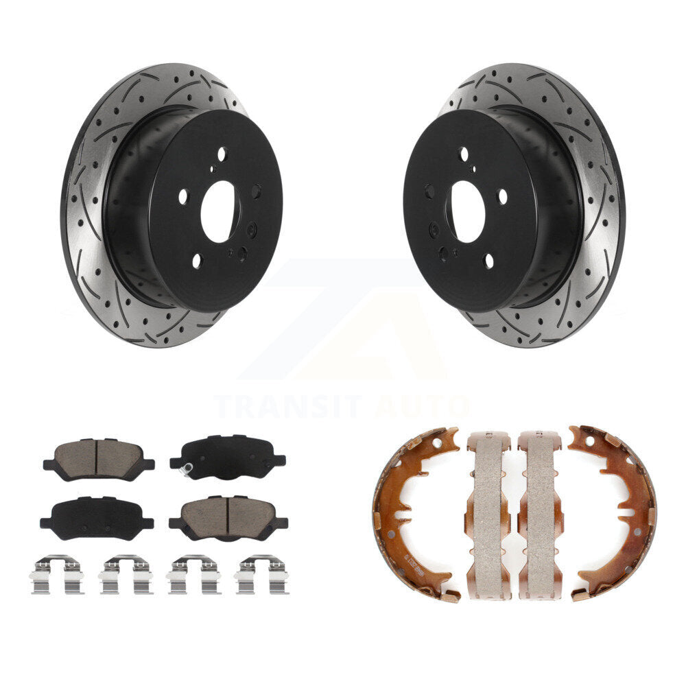 Rear Disc Drilled & Slotted Rotors Ceramic Pads Parking Shoes Kit For 09-16 Toyota Venza KDC-101371