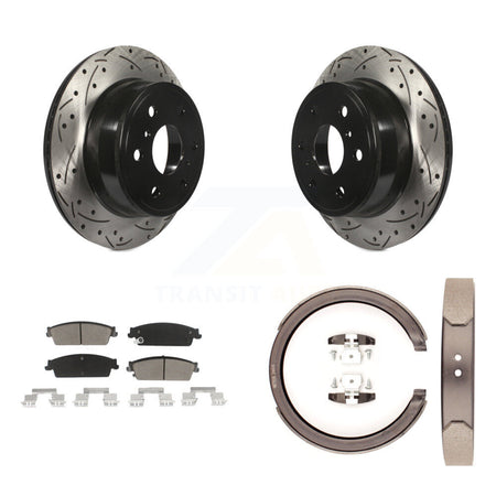 Rear Disc Drilled & Slotted Rotors Ceramic Pads Parking Shoes Kit For Chevrolet GMC 1500 KDC-101373