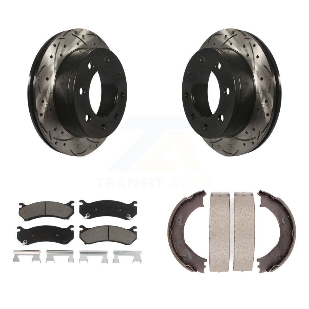 Rear Disc Drilled & Slotted Rotors Ceramic Pads Parking Shoes Kit For Chevrolet Silverado KDC-101375