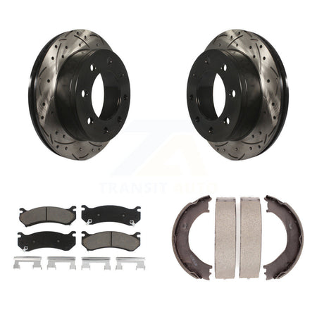 Rear Disc Drilled & Slotted Rotors Ceramic Pads Parking Shoes Kit For Chevrolet Silverado KDC-101375