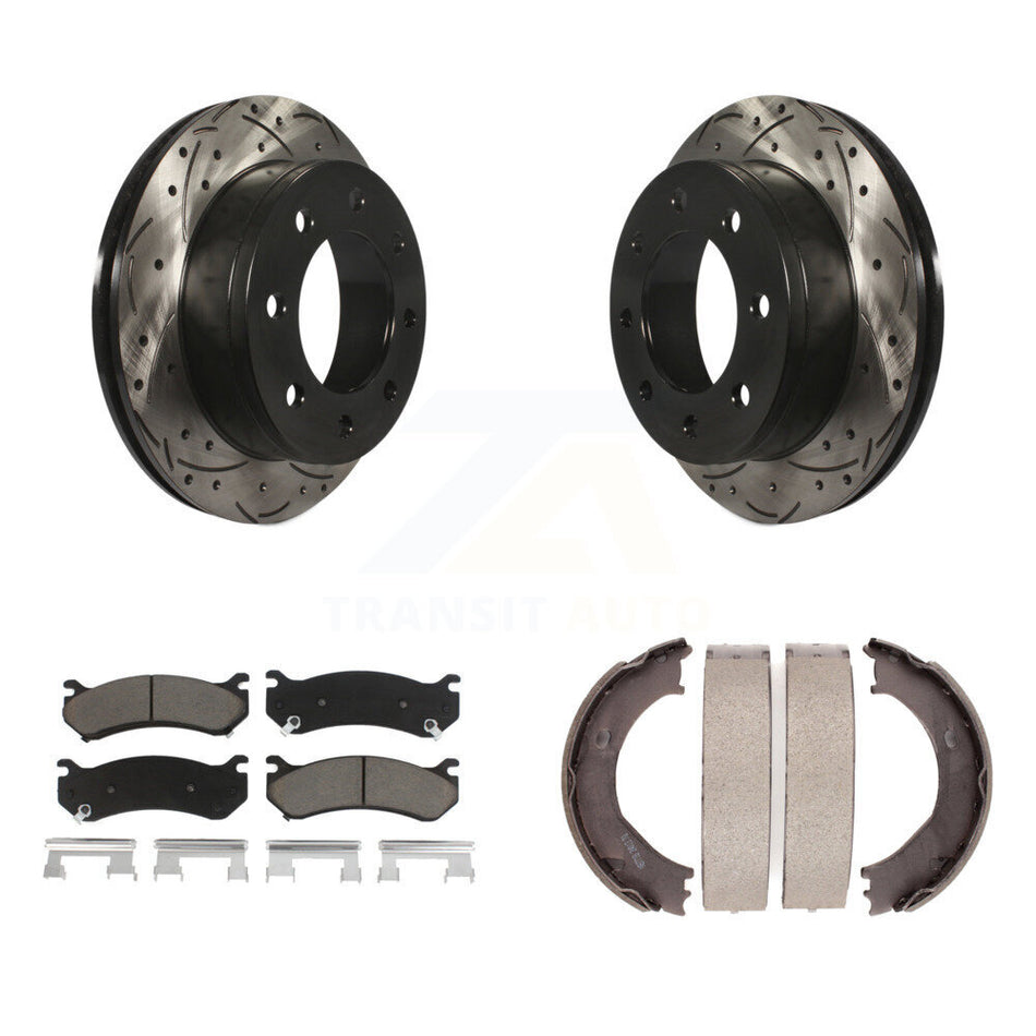 Rear Disc Drilled & Slotted Rotors Ceramic Pads Parking Shoes Kit For Chevrolet Silverado KDC-101375
