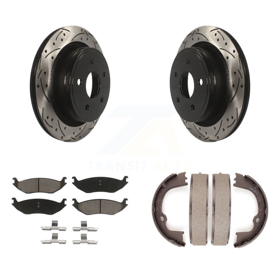 Rear Disc Drilled & Slotted Rotors Ceramic Pads Parking Shoes Kit For Ram 1500 Classic KDC-101381