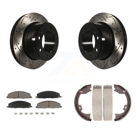Rear Disc Drilled & Slotted Rotors Ceramic Pads Parking Shoes Kit For Ram 3500 2500 1500 KDC-101382