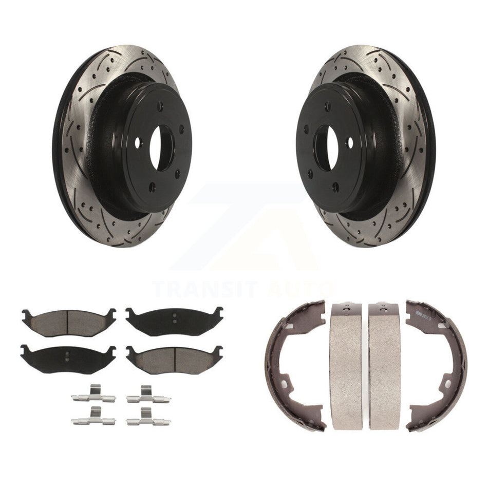 Rear Disc Drilled & Slotted Rotors Ceramic Pads And Parking Shoes Kit For Dodge Ram 1500 KDC-101383