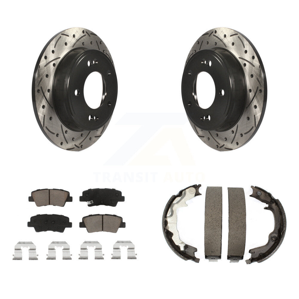 Rear Disc Drilled & Slotted Rotors Ceramic Pads Parking Shoes Kit For 2014 Kia Forte Koup KDC-101384