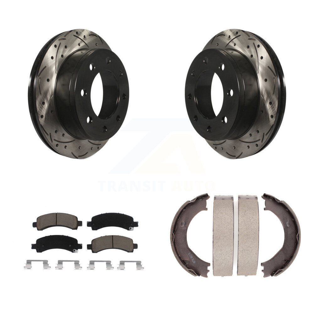 Rear Disc Drilled & Slotted Rotors Ceramic Pads Parking Shoes Kit For Chevrolet Express KDC-101385