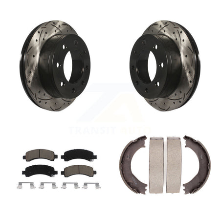 Rear Disc Drilled & Slotted Rotors Ceramic Pads Parking Shoes Kit For Chevrolet Express KDC-101385
