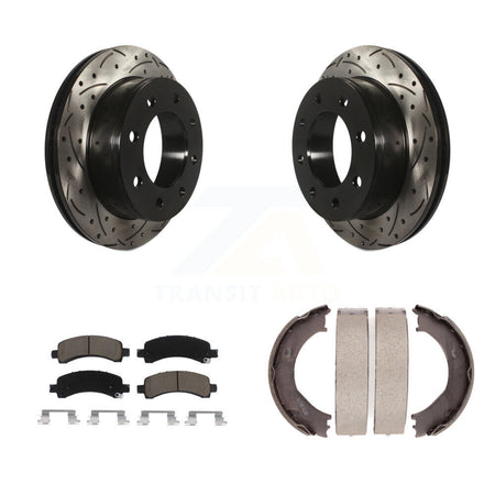 Rear Disc Drilled & Slotted Rotors Ceramic Pads Parking Shoes Kit For Chevrolet Express KDC-101387