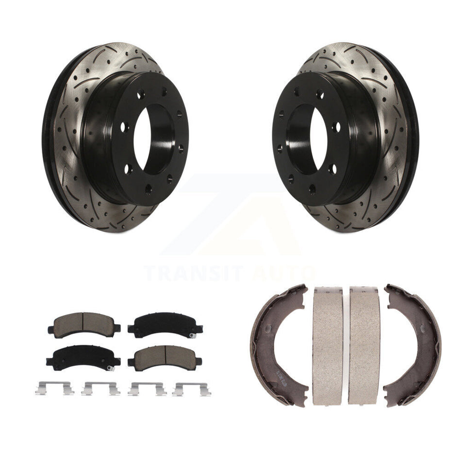 Rear Disc Drilled & Slotted Rotors Ceramic Pads Parking Shoes Kit For Chevrolet Express KDC-101387