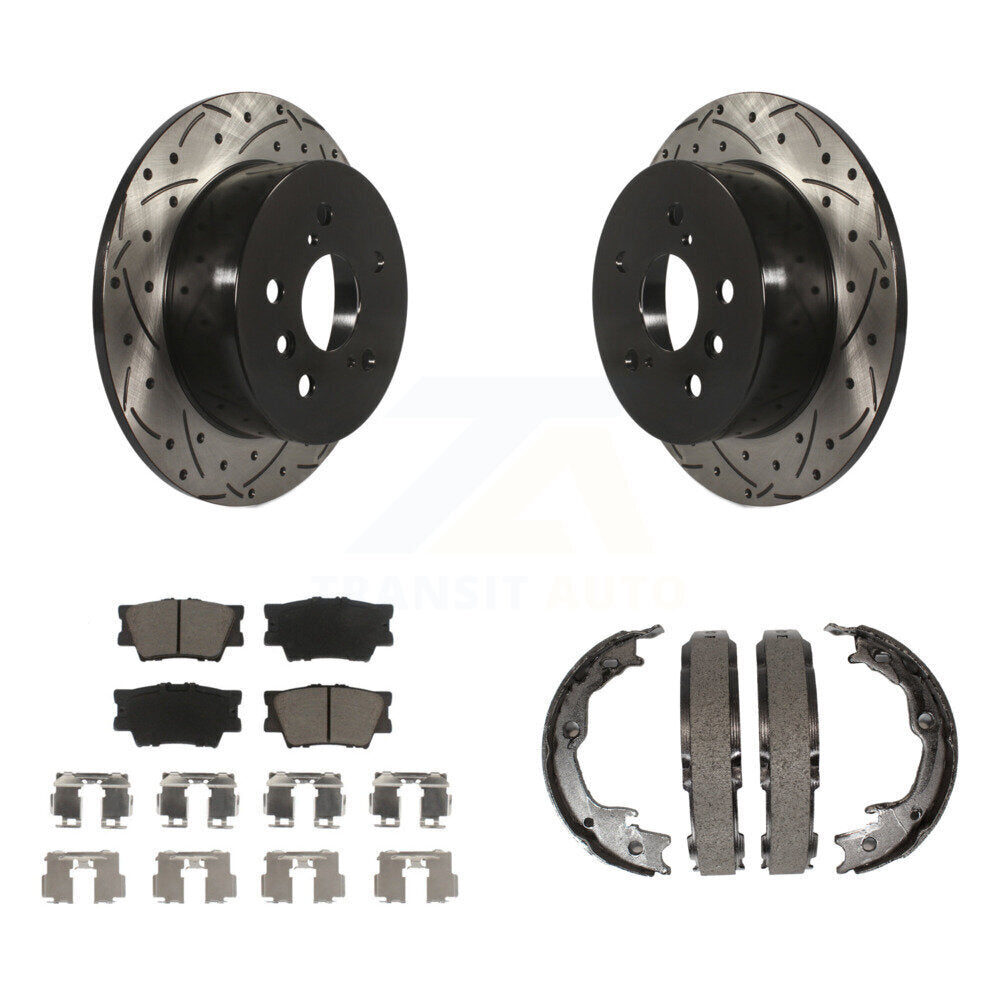 Rear Disc Drilled & Slotted Rotors Ceramic Pads Parking Shoes Kit For Toyota Camry Lexus KDC-101389
