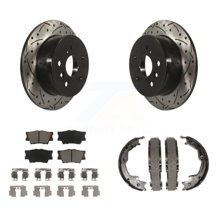 Rear Disc Drilled & Slotted Rotors Ceramic Pads Parking Shoes Kit For Toyota Camry Lexus KDC-101389