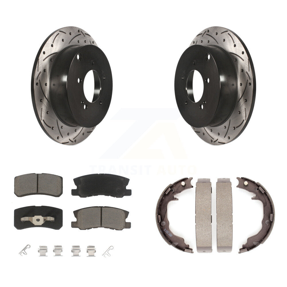 Rear Disc Drilled & Slotted Rotors Ceramic Pads And Parking Brake Shoes Kit For KDC-101393