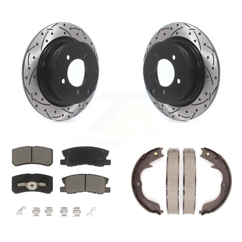 Rear Disc Drilled & Slotted Rotors Ceramic Pads And Parking Brake Shoes Kit For KDC-101394