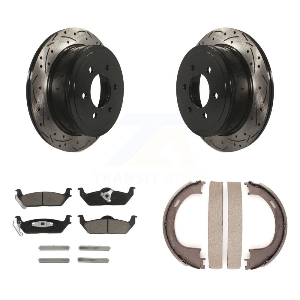 Rear Disc Drilled & Slotted Rotors Ceramic Pads Parking Shoes Kit For Ford F-150 Lincoln KDC-101395