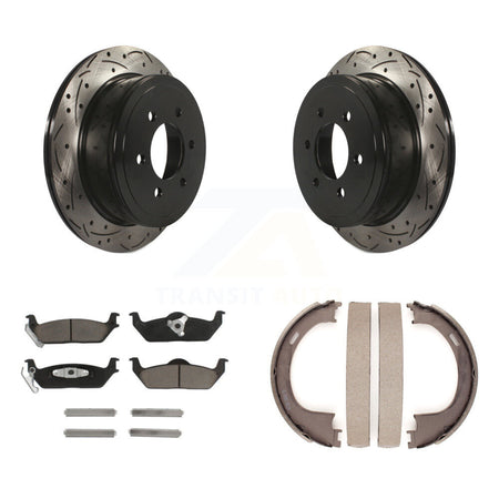 Rear Disc Drilled & Slotted Rotors Ceramic Pads Parking Shoes Kit For Ford F-150 Lincoln KDC-101395