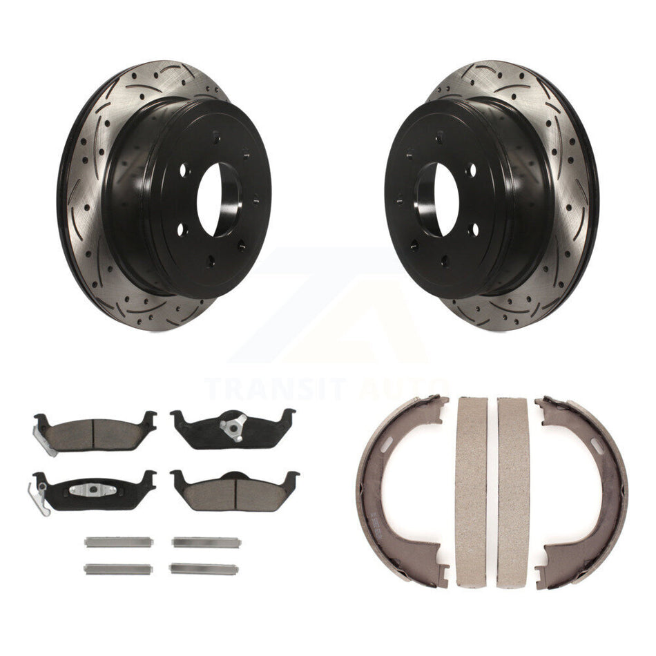 Rear Disc Drilled & Slotted Rotors Ceramic Pads Parking Shoes Kit For Ford F-150 Lincoln KDC-101396
