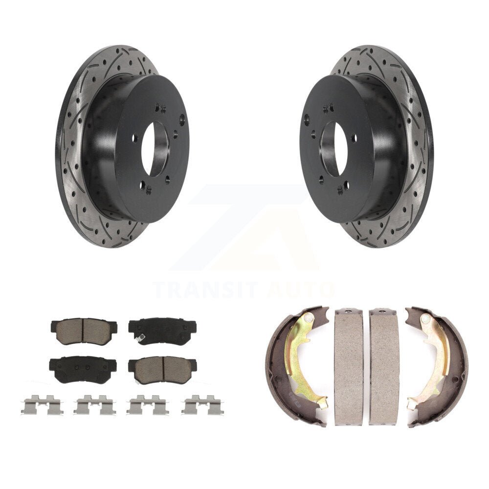 Rear Disc Drilled & Slotted Rotors Ceramic Pads Parking Shoes Kit For Hyundai Tucson Kia KDC-101398