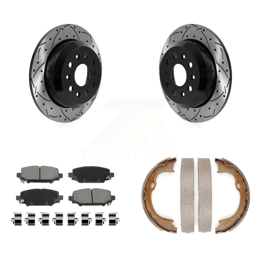 Rear Disc Drilled & Slotted Rotors Ceramic Pads Parking Shoes Kit For Jeep Wrangler Sport KDC-101403