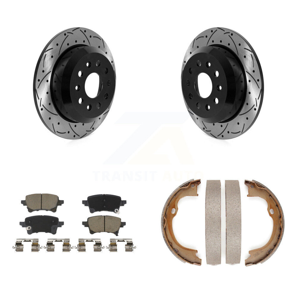 Rear Disc Drilled & Slotted Rotors Ceramic Pads Parking Brake Shoes Kit For Jeep Wrangler KDC-101404