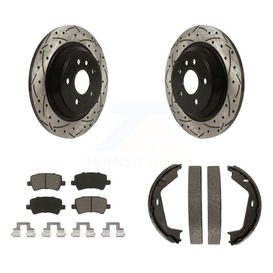 Rear Disc Drilled & Slotted Rotors Ceramic Pads Parking Shoes Kit For 07-09 Volvo S80 AWD KDC-101406