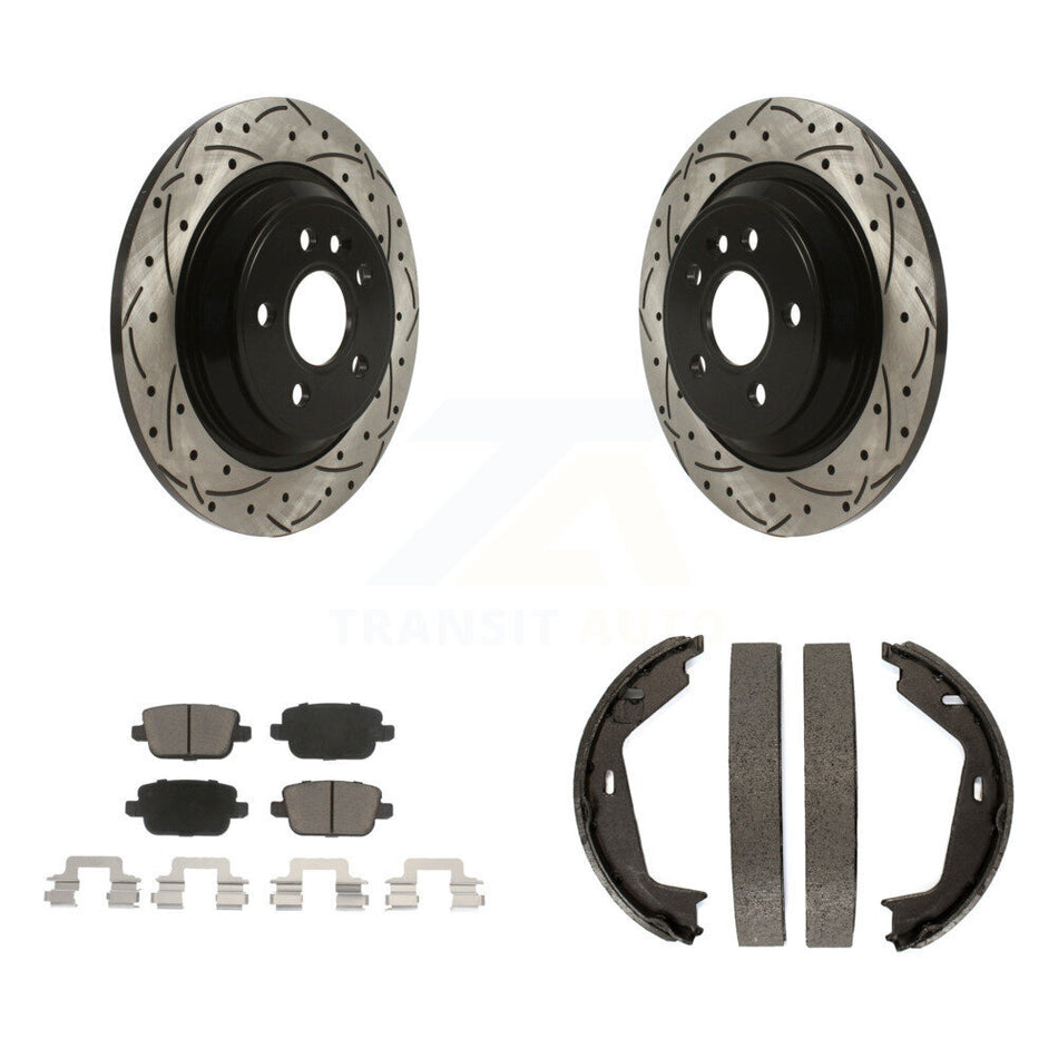 Rear Disc Drilled & Slotted Rotors Ceramic Pads Parking Shoes Kit For 08-09 Volvo S80 FWD KDC-101407