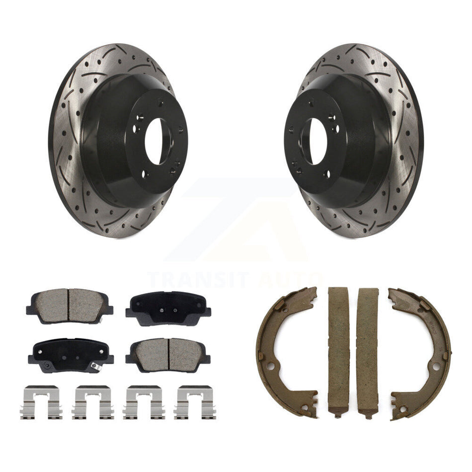 Rear Disc Drilled & Slotted Rotors Ceramic Pads Parking Shoes Kit For Hyundai Santa Fe XL KDC-101415