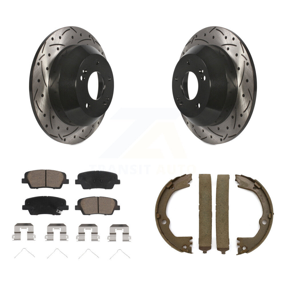 Rear Disc Drilled & Slotted Rotors Ceramic Pads Parking Shoes Kit For Hyundai Santa Fe XL KDC-101417