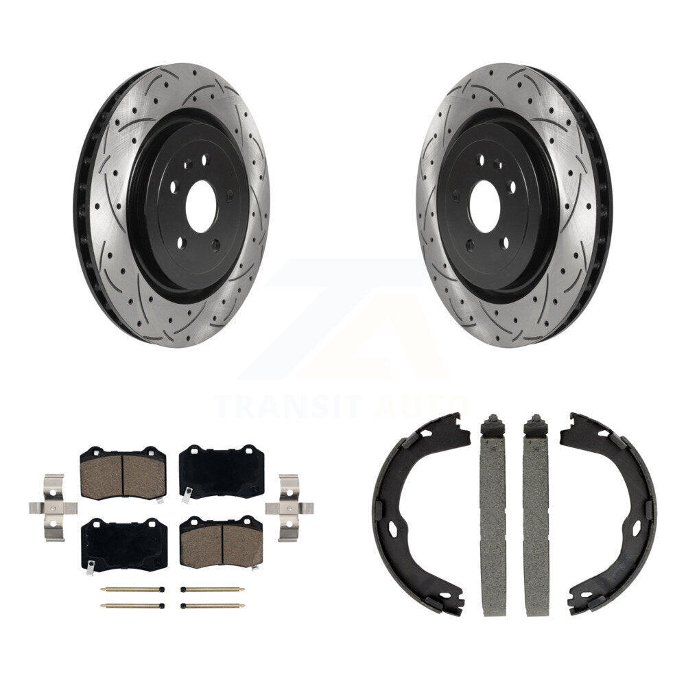 Rear Disc Drilled & Slotted Rotors Ceramic Pads Parking Shoes Kit For Chevrolet Camaro KDC-101418