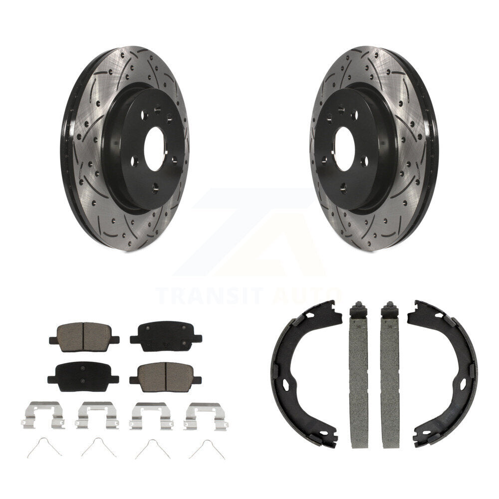 Rear Disc Drilled & Slotted Rotors Ceramic Pads Parking Shoes Kit For Chevrolet Camaro KDC-101419