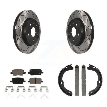 Rear Disc Drilled & Slotted Rotors Ceramic Pads Parking Shoes Kit For Chevrolet Camaro KDC-101419