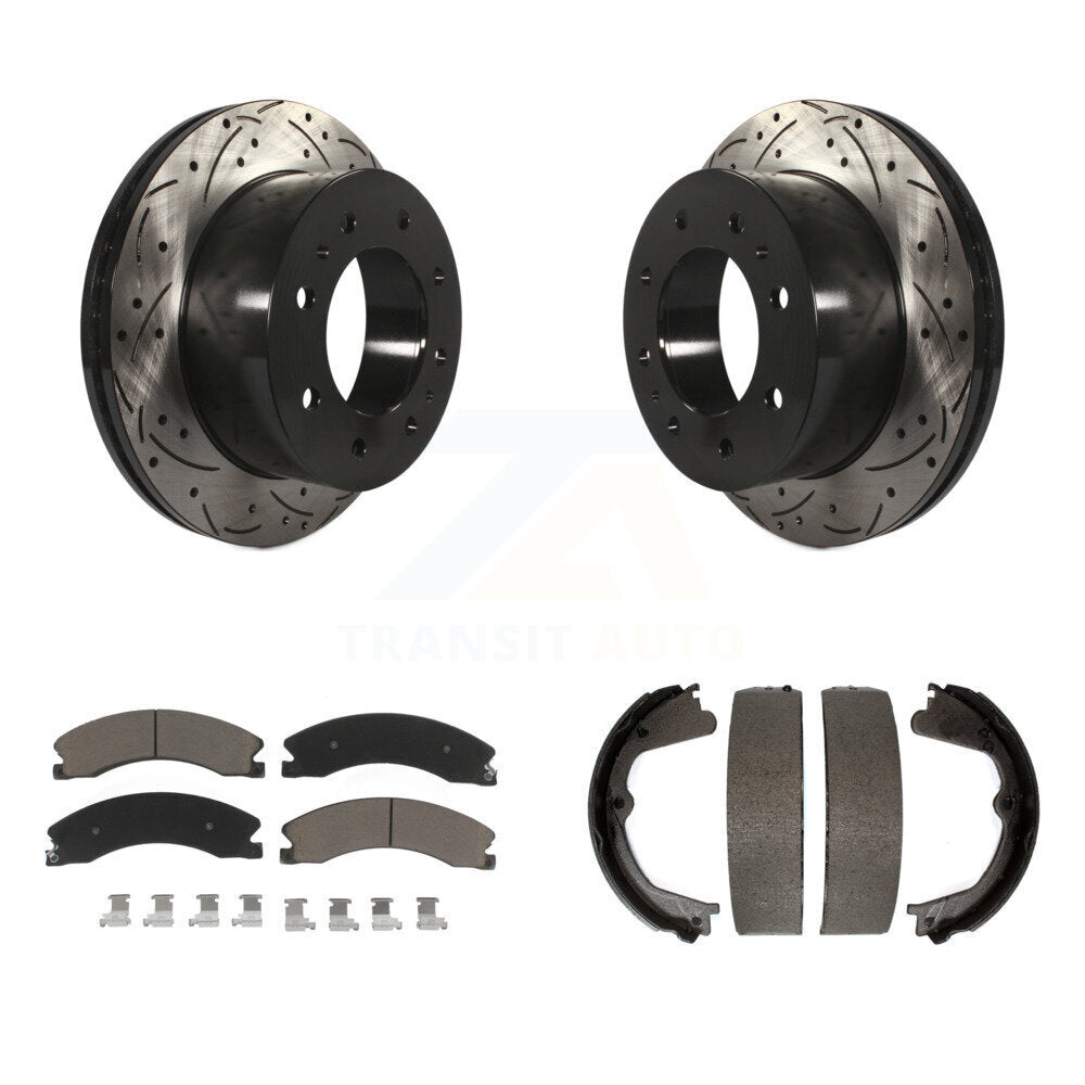 Rear Disc Drilled & Slotted Rotors Ceramic Pads Parking Shoes Kit For Chevrolet Silverado KDC-101422