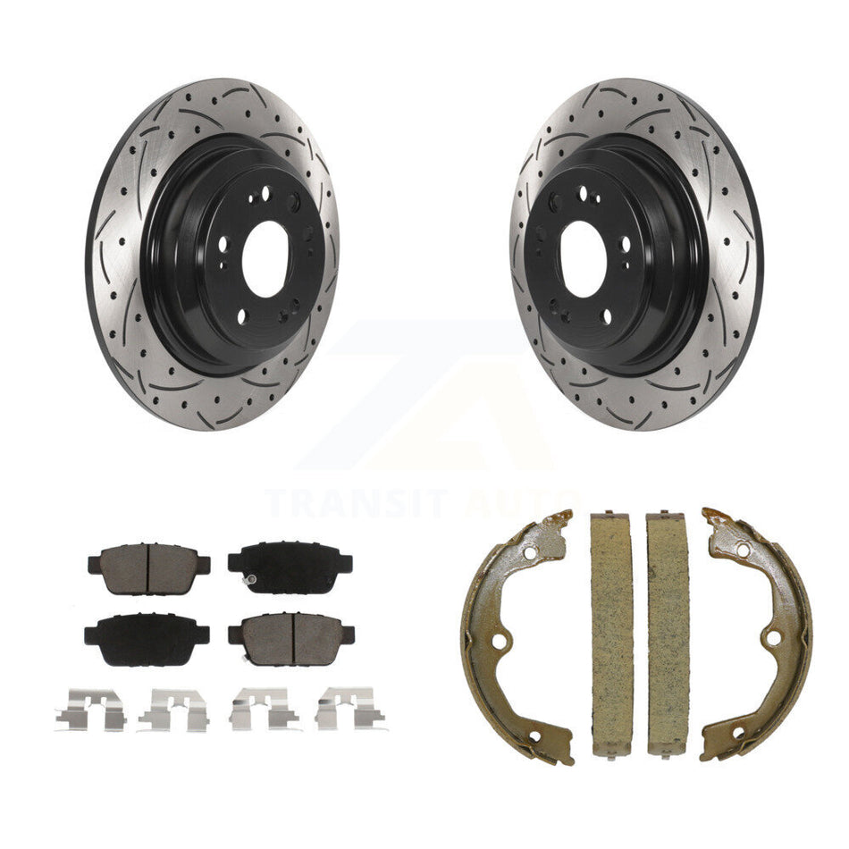 Rear Disc Drilled & Slotted Rotors Ceramic Pads Parking Shoes Kit For 2009-2014 Acura TL KDC-101426