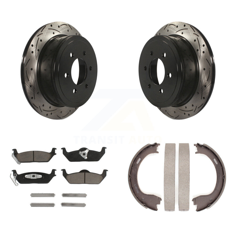 Rear Disc Drilled & Slotted Rotors Ceramic Pads Parking Brake Shoes Kit For Ford F-150 KDC-101427