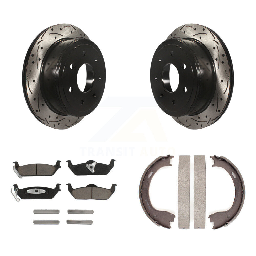 Rear Disc Drilled & Slotted Rotors Ceramic Pads Parking Brake Shoes Kit For Ford F-150 KDC-101428