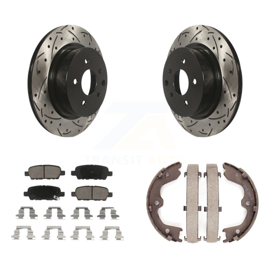 Rear Disc Drilled & Slotted Rotors Ceramic Pads Parking Shoes Kit For INFINITI Nissan G37 KDC-101429