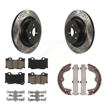Rear Disc Drilled & Slotted Rotors Ceramic Pads Parking Shoes Kit For INFINITI G37 Nissan KDC-101430