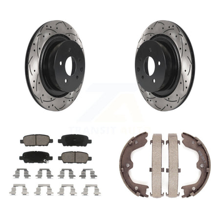 Rear Disc Drilled & Slotted Rotors Ceramic Pads Parking Shoes Kit For INFINITI G35 Q60 KDC-101432