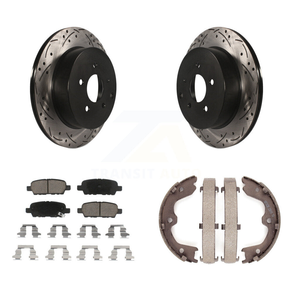 Rear Disc Drilled & Slotted Rotors Ceramic Pads Parking Shoes Kit For INFINITI FX35 FX45 KDC-101434