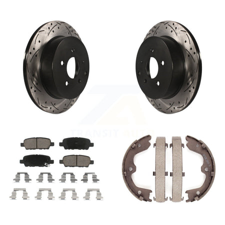 Rear Disc Drilled & Slotted Rotors Ceramic Pads Parking Shoes Kit For INFINITI FX35 FX45 KDC-101434